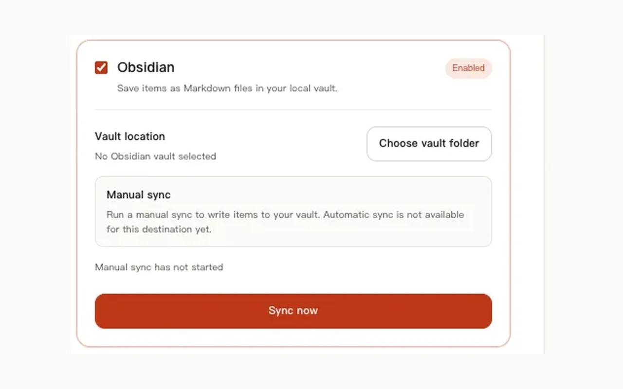 Obsidian local-folder connection in Sync destinations